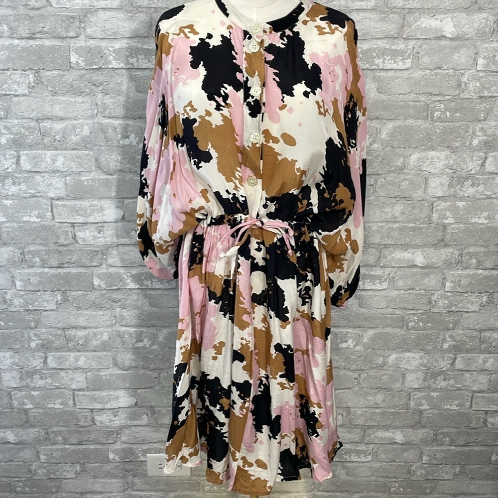 Abstract Print Midi Shirt Dress with Tie Waist in Pink, Black & Brown